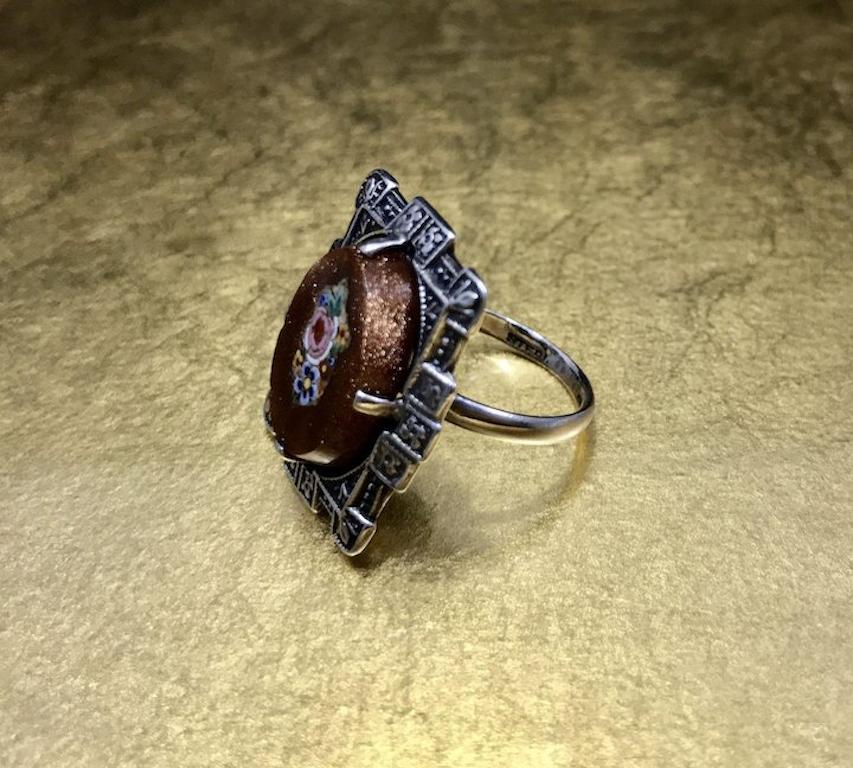 Art Deco Vintage 1930s Sterling Silver Goldstone Micro Mosaic Christmas Ring  For Sale 4