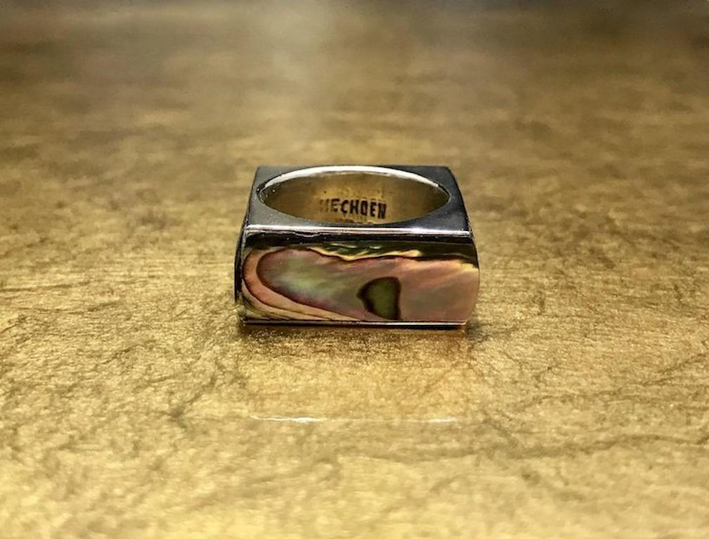 Women's or Men's Vintage 1960s Silver Minimalist Modernist Geometric Square Abalone Shell Ring For Sale