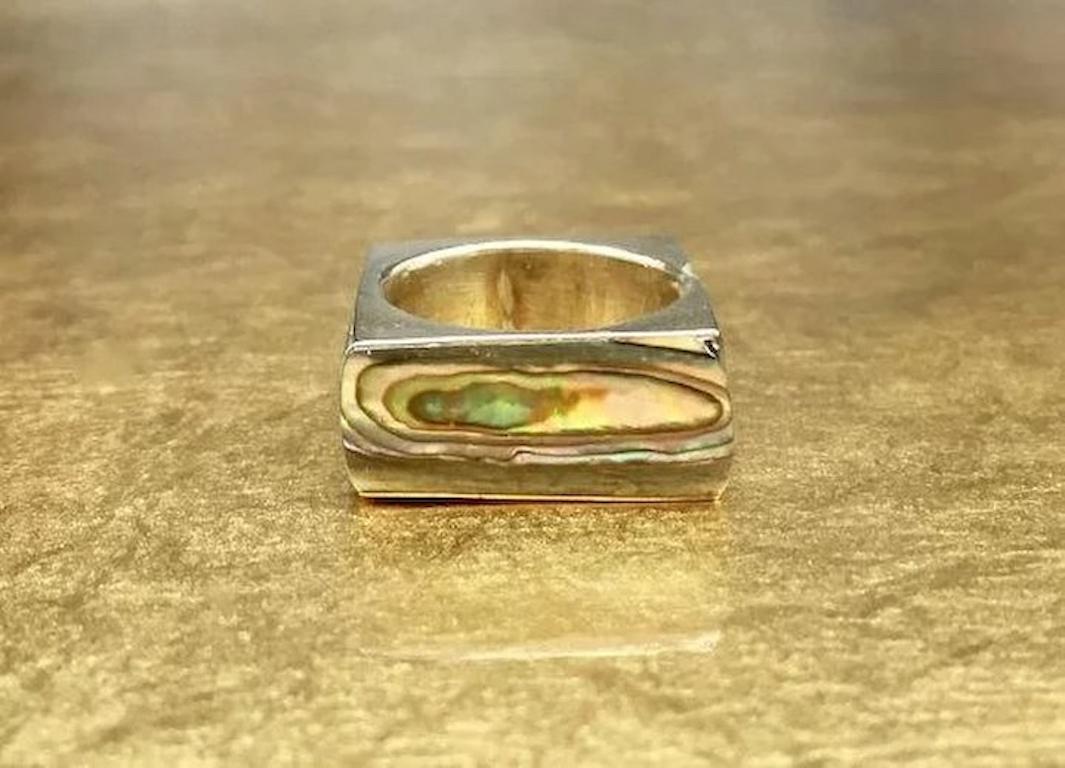 Vintage 1960s Silver Minimalist Modernist Geometric Square Abalone Shell Ring For Sale 5