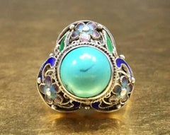 Mid Century Vintage 1940s Turquoise Enamel Filigree Adjustable Floral Gift Ring