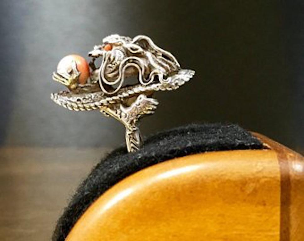 1920s Asian Art Nouveau Vintage Coral Silver Adjustable Dragon Ring Gift Ideas In Good Condition For Sale In Champions State Gate, FL