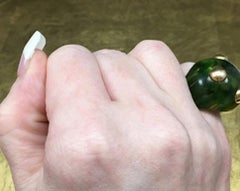 1940s Early Modernist Minimalist Spinach Green Bakelite and Brass Cocktail Ring