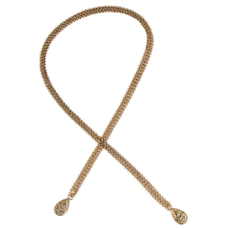 Chanel chain tie necklace in gold-tone metal with two embellished crystal CC drops. Has been carried and is in excellent conditon. Comes with box.
