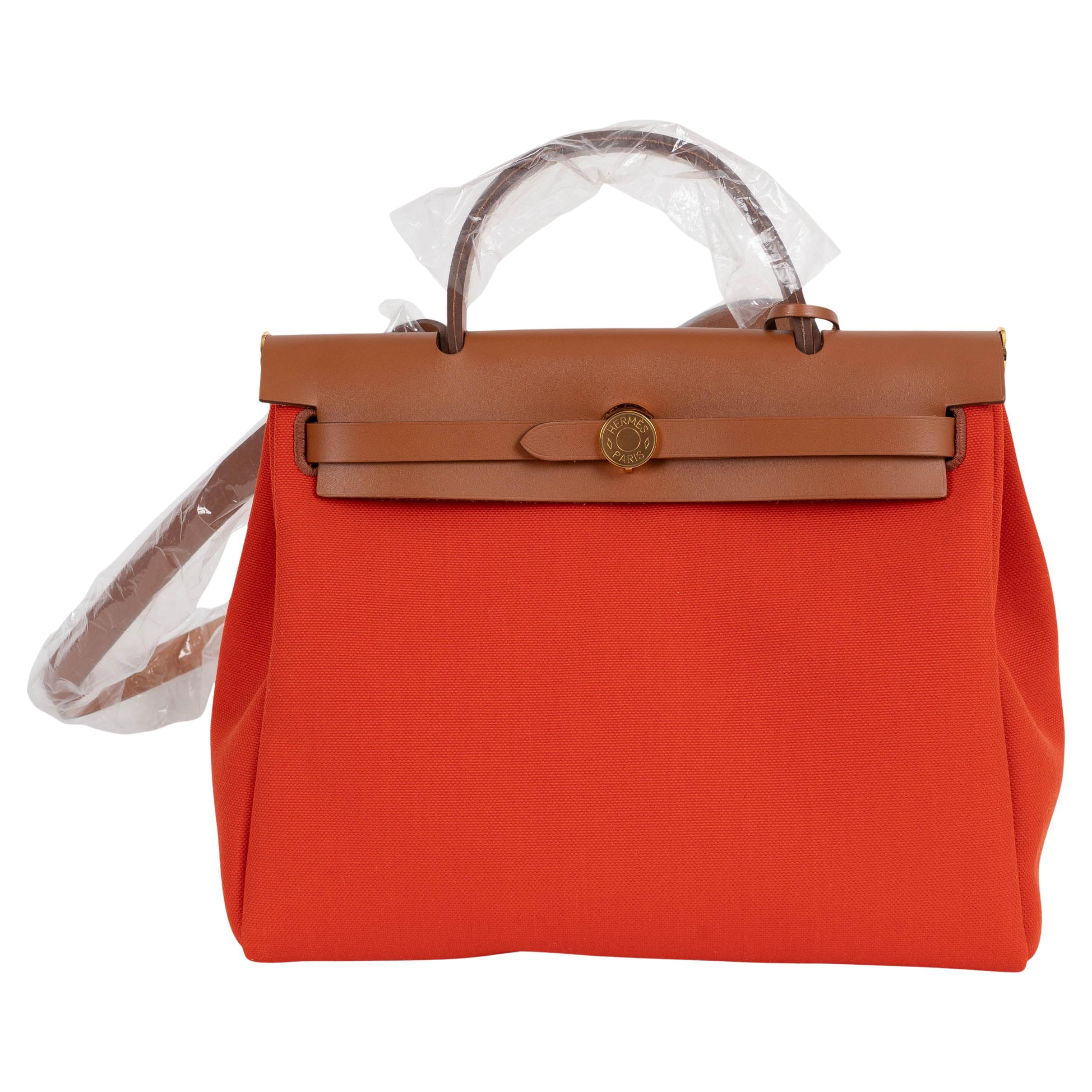 Borsa HERMES arancione Mecano Fauve Toile e pelle Hunter HERBAG ZIP 31 RETROUNE in vendita