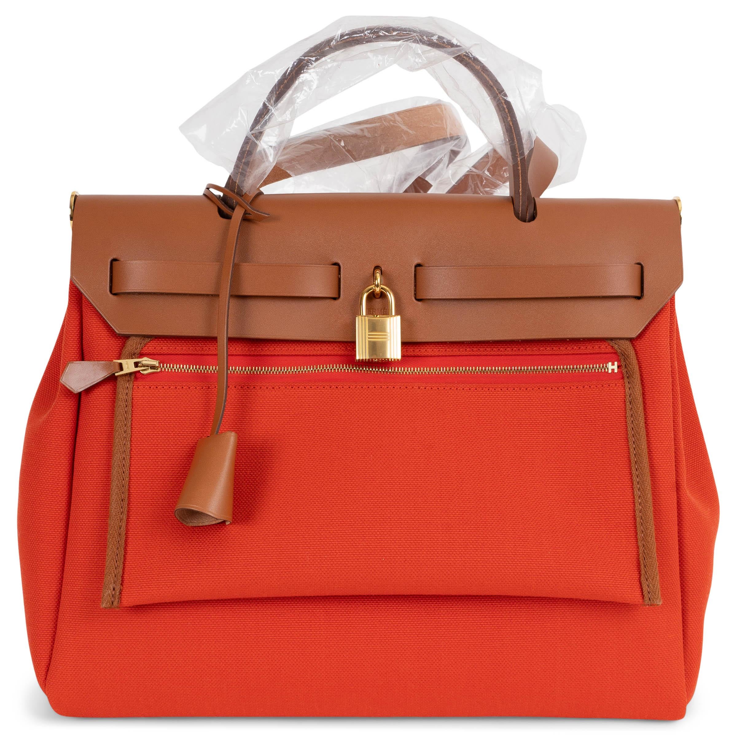 Rosso Borsa HERMES arancione Mecano Fauve Toile e pelle Hunter HERBAG ZIP 31 RETROUNE in vendita