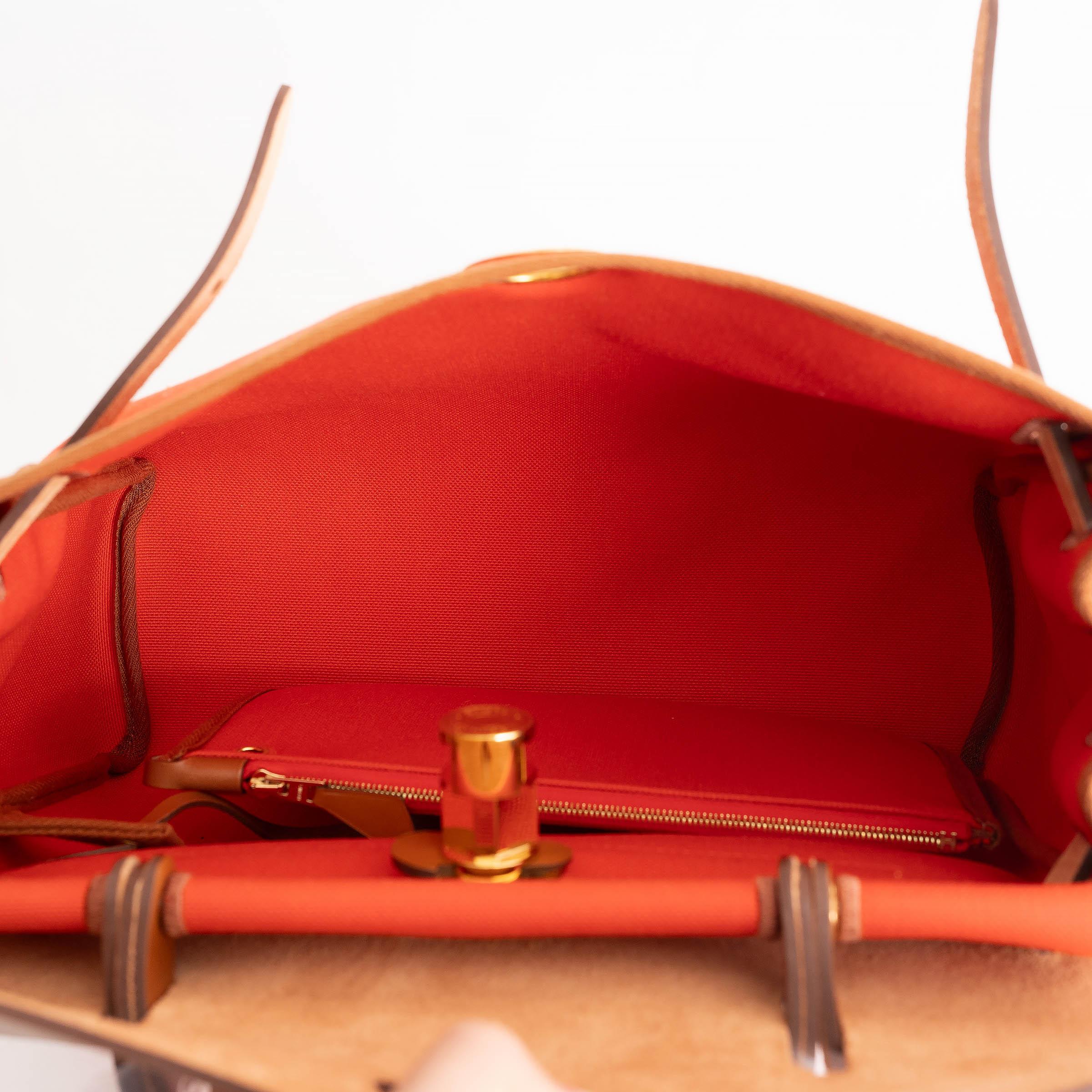 Donna Borsa HERMES arancione Mecano Fauve Toile e pelle Hunter HERBAG ZIP 31 RETROUNE in vendita