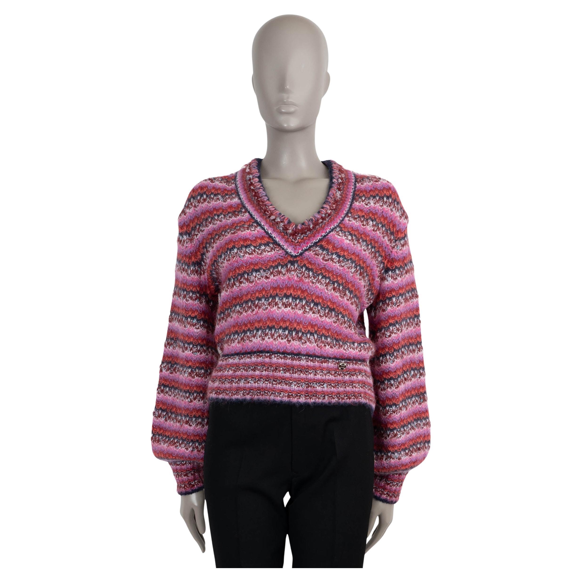 CHANEL rosa Alpaka 22A FLORENCE STRIPED V-NECK Pullover 36 XS