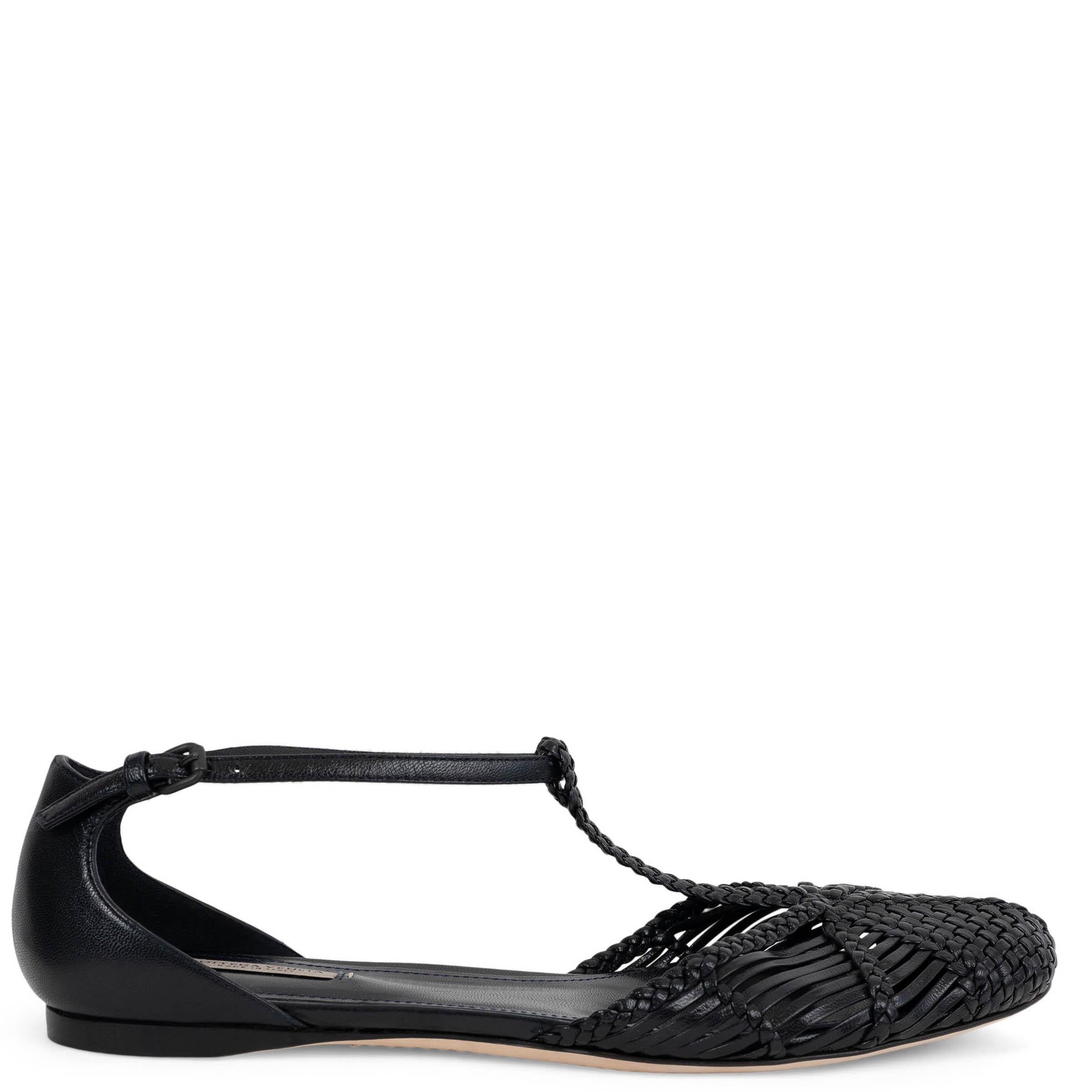 BOTTEGA VENETA cuero negro 2015 WOVE T-STRAP BALLET Flats Zapatos 37