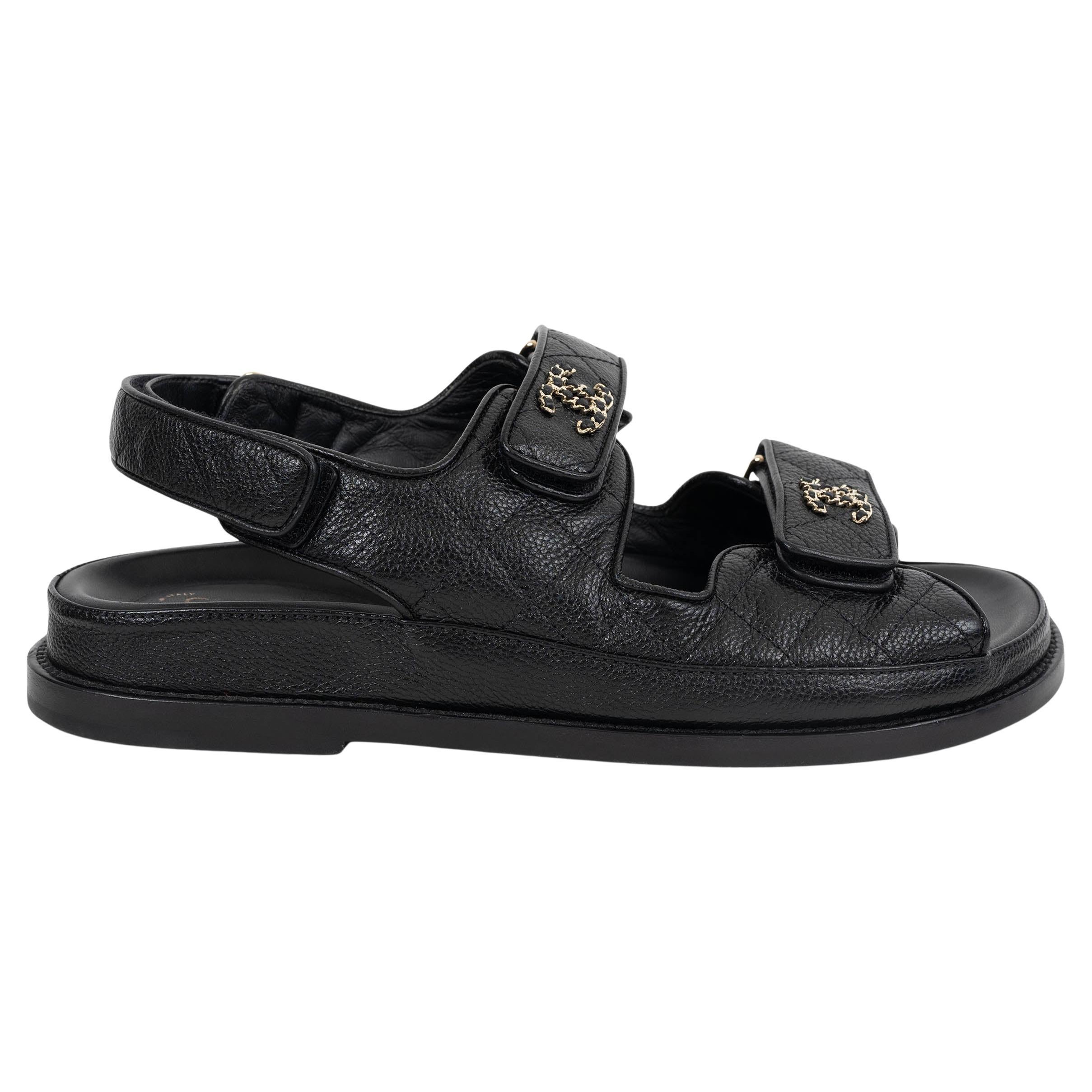 CHANEL cuir grainé noir REV DAD Sandales Chaussures 38.5