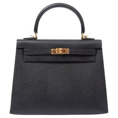 HERMES black Epsom leather KELLY 25 SELLIER Bag w Gold