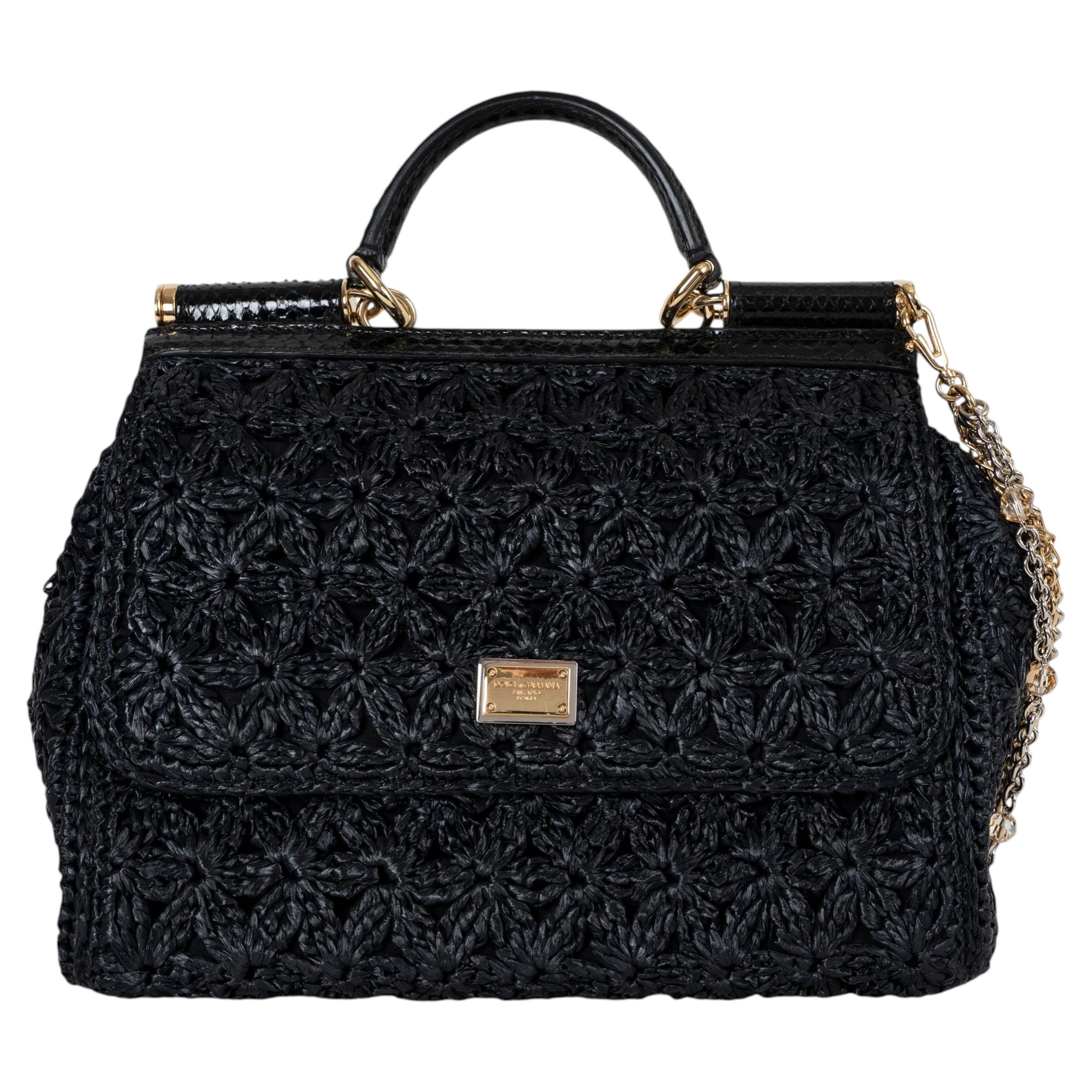 Sac DOLCE & GABBANA en raphia noir, modèle SICILY MEDIUM CROCHET, collection 2016