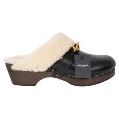SAINT LAURENT black leather TOFF 15 SHEARLING LINED Clogs Shoes 40.5 fit 39.5