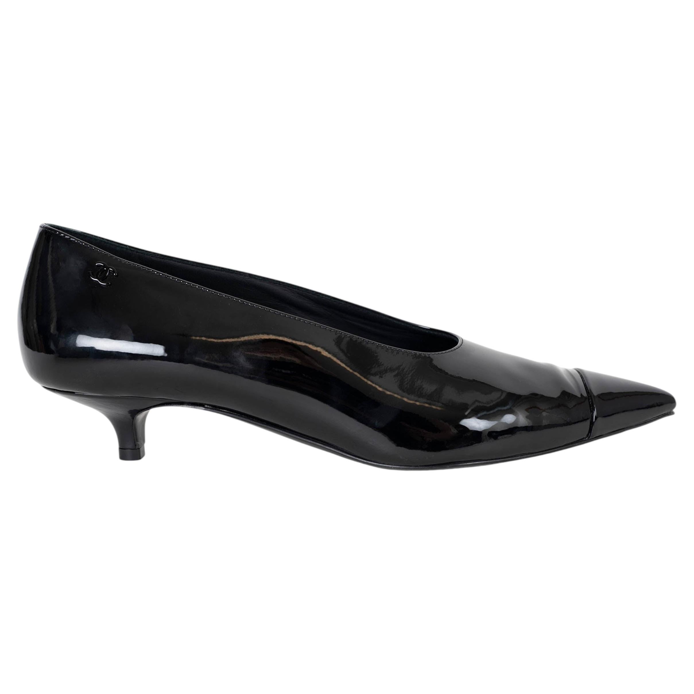 CHANEL black patent leather 22K KITTEN HEEL Pumps Shoes 39 fit 38.5 G39535 For Sale