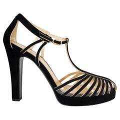 CHANEL black & gold suede 21S T-STRAP Pumps Shoes 38.5