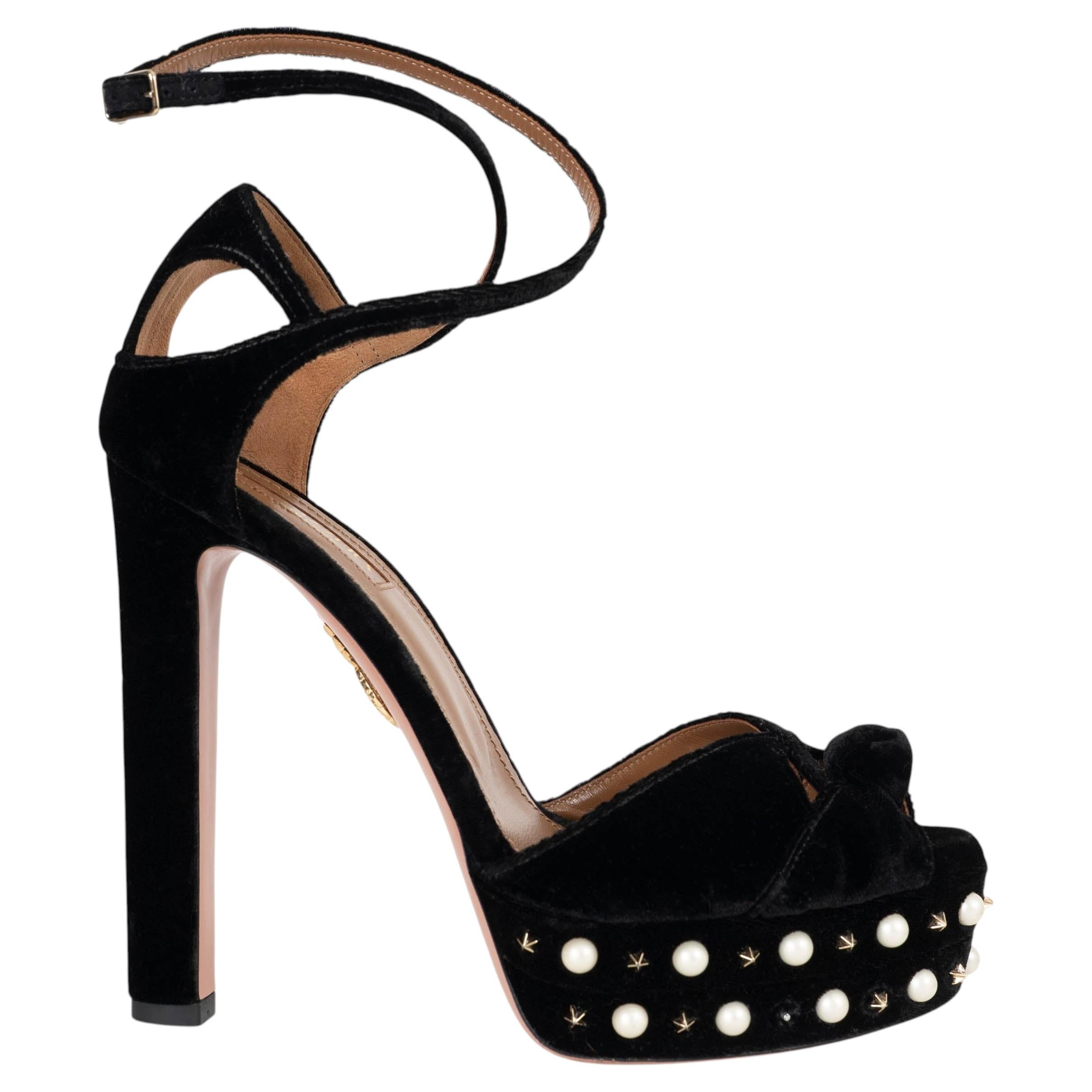 Pre-owned Aquazzura Black 2017 Harlow Pearl Studded Velvet Sandals Shoes 38