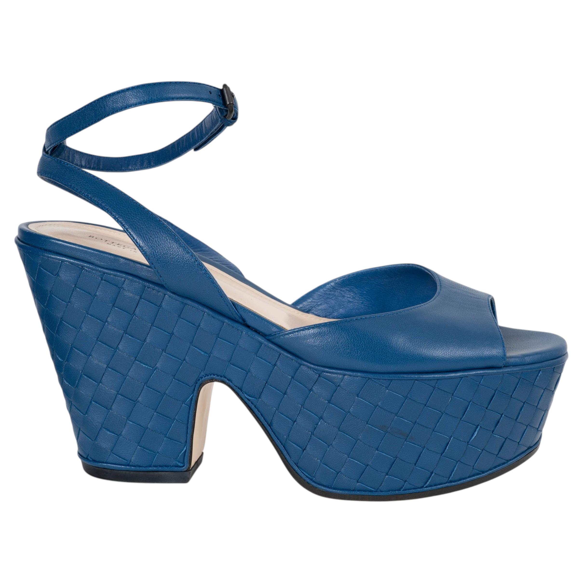 Pre-owned Bottega Veneta Blue Leather Intrecciato Wedge Ankle Strap Sandals Shoes 38