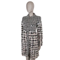 CHANEL black white pink silk 19K FAUX FUR & TWEED Coat Jacket 34 XXS