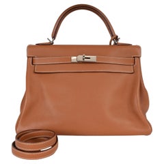HERMES Gold camel Swift leather KELLY 32 RETOURNE Bag PHW