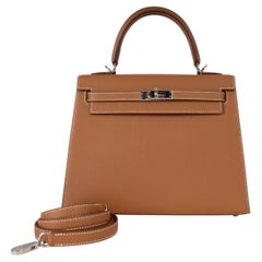 HERMES Gold camel Epsom leather KELLY 25 SELLIER Bag PHW