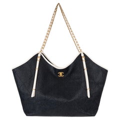 CHANEL black white 26C LAKE COMO BRAIDED RAFFIA MAXI TOTE Bag