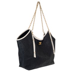 CHANEL black white 26C LAKE COMO BRAIDED RAFFIA MAXI TOTE Bag