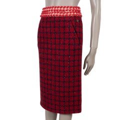 CHANEL dark red wool 22K PLAID TWEED MIDI Skirt 36 XS