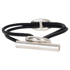 HERMES black leather & sterling silver SKIPPER GM CHAINE D'ANCRE Bracelet