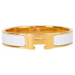 HERMES white enamel & gold CLIC H Bangle Bracelet PM