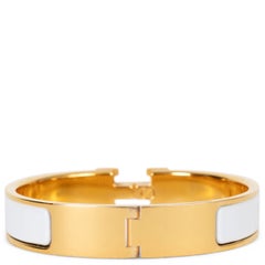 HERMES white enamel & gold CLIC H Bangle Bracelet PM