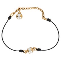 LOUIS VUITTON gold metal & black leather KNOTTY FAUX PEARL CHOKER Necklace