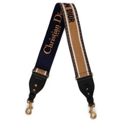 CHRISTIAN DIOR camel & navy blue canvas & leather EMBROIDERED Bag Shoulder Strap