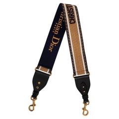 CHRISTIAN DIOR camel & navy blue canvas & leather EMBROIDERED Bag Shoulder Strap