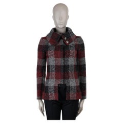 CHANEL burgundy grey silver wool 15K CHECK TWEED Jacket 34 XS