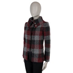 CHANEL burgundy grey silver wool 15K CHECK TWEED Jacket 34 XS