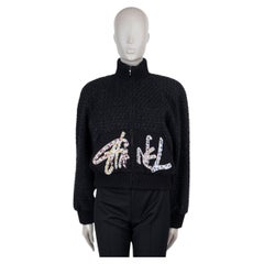 CHANEL black cotton 22S FLORENCE BEADED LOGO TWEED BOMBER Jacket 36 XS
