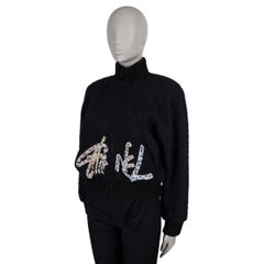 CHANEL black cotton 22S FLORENCE BEADED LOGO TWEED BOMBER Jacket 36 XS