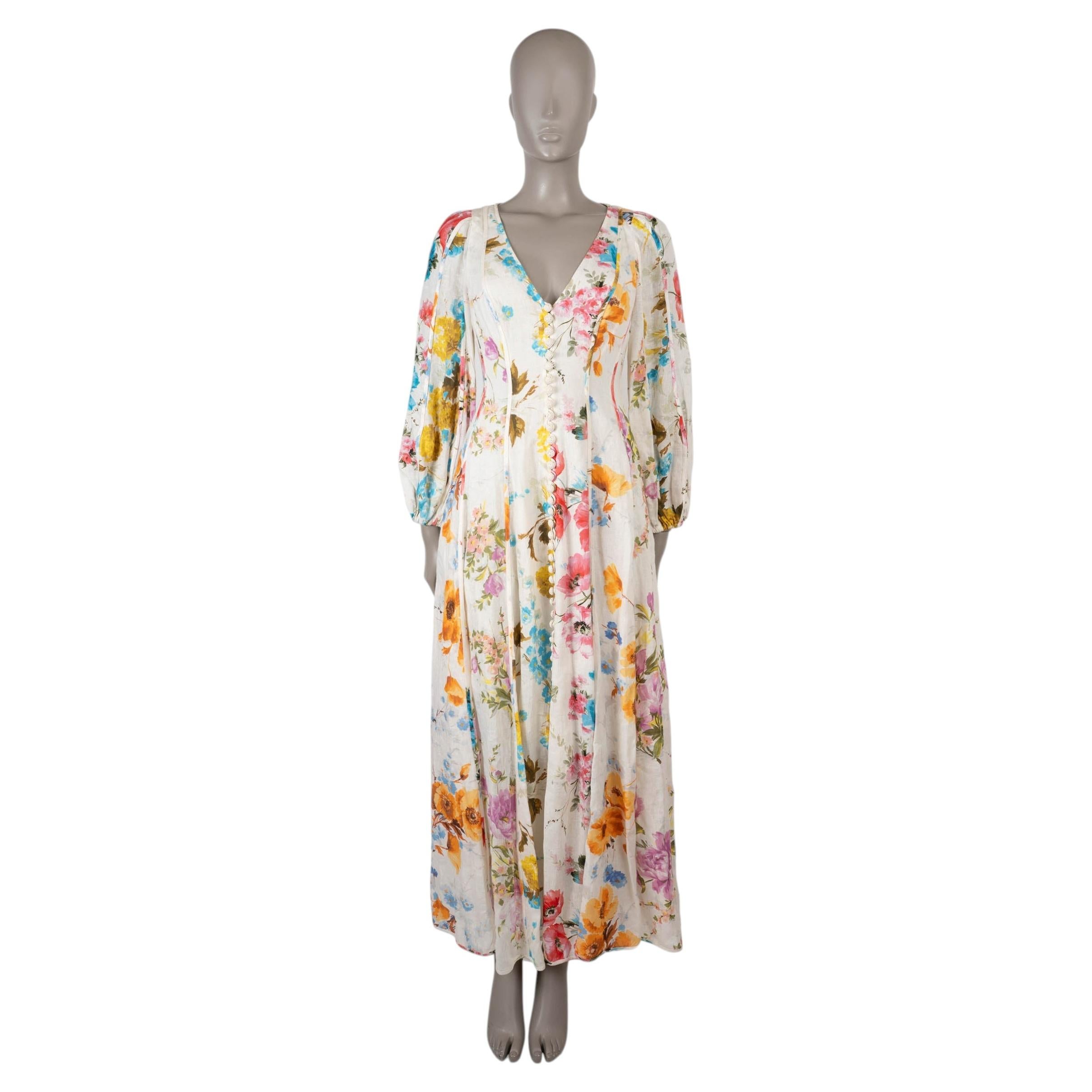 Pre-owned Zimmermann White & Multi Linen 2023 Halcyon Floral Splice Maxi Dress 1 S