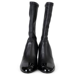 CHANEL black leather 25K PEARL HEEL STRETCH Ankle Boots Shoes 38.5