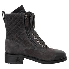 CHANEL dark grey suede 18A HAMBURG QUILTED Ankle Boots Shoes 38.5