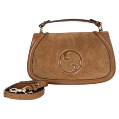 GUCCI camel brown suede BLONDIE MEDIUM Top Handle Bag