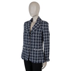 CHANEL marineblaue, weiße Wolljacke 23B PLAID TWEED, Größe 38 S