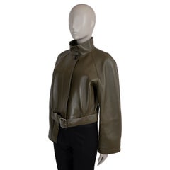 LOEWE khaki green leather 2025 BELTED CROPPED TRENCH Jacket 36 XS