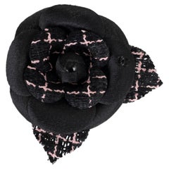 CHANEL black & pink 23K TWEED CAMELLIA Brooch