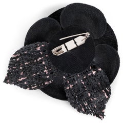 CHANEL black & pink 23K TWEED CAMELLIA Brooch