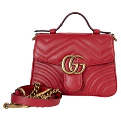 GUCCI Hibiscus red leather GG MARMONT CHEVRON MINI Shoulder Bag