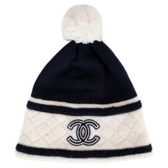 CHANEL 2019 CC Terry Trim Pompom Beanie Navy White One Size