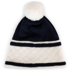 CHANEL 2019 CC Terry Trim Pompom Beanie Navy White One Size