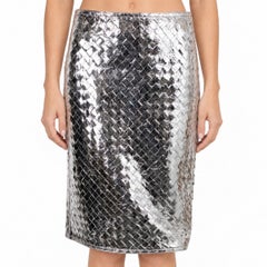 Bottega Veneta 2023 Intrecciato Crinkled Leather Skirt Silver 36 XS