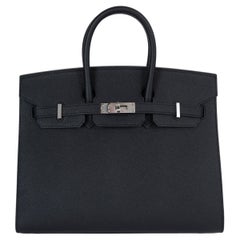 HERMES Noir Black Epsom leather BIRKIN 25 SELLIER Bag Phw