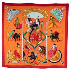 HERMES Plaza de Toros 90 Twill Scarf Orange Red silk